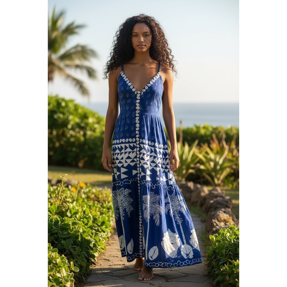 Farm Rio NWT Blue Mixed Ondina‎ Midi Dress SZ Med Cutout Tropical Shell Buttons